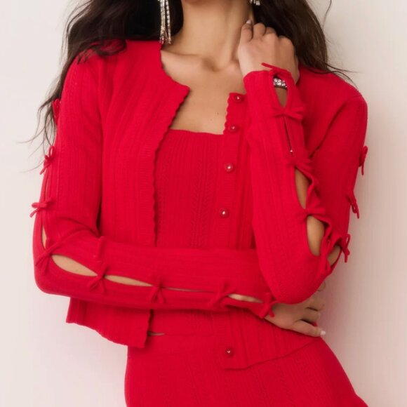 NWT LoveShackFancy Zoriah Rib Pointelle Knit Cardigan Candy Apple Red Holiday - Picture 1 of 5
